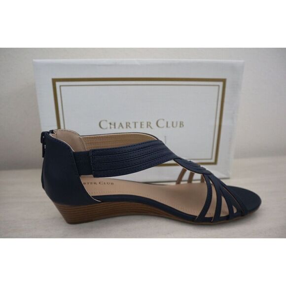 Charter Club Women's Sz 8 M Navy Ginifur 2 Faux Leather Strappy Wedge Sandals - Picture 3 of 11